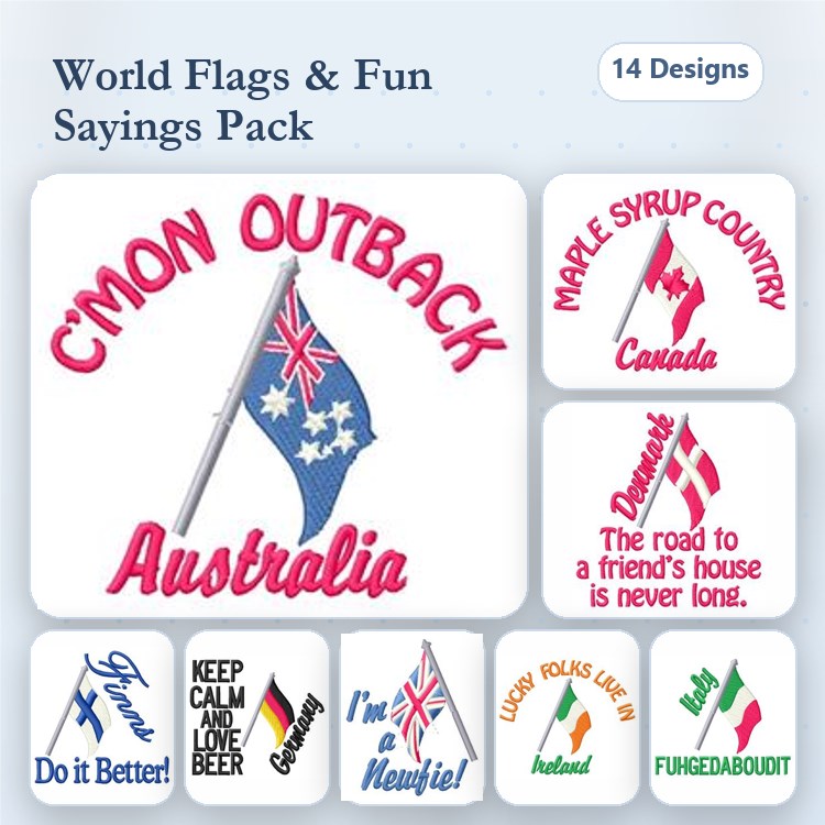 World Flags & Humorous Sayings Embroidery Bundle – Australian Flag, Canadian Flag, C'mon Outback & More (14 Designs)