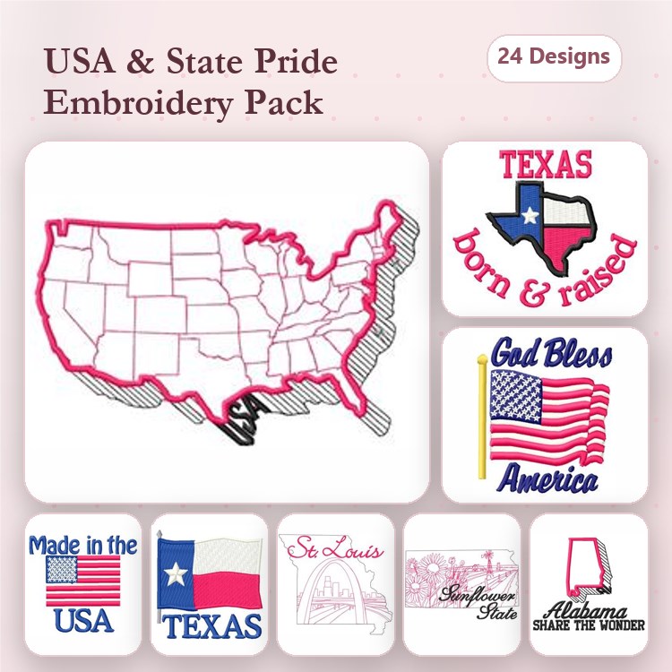 USA and State Pride Embroidery Designs Bundle – USA Map Outline, Texas State Outline, God Bless America & More (24 Designs)
