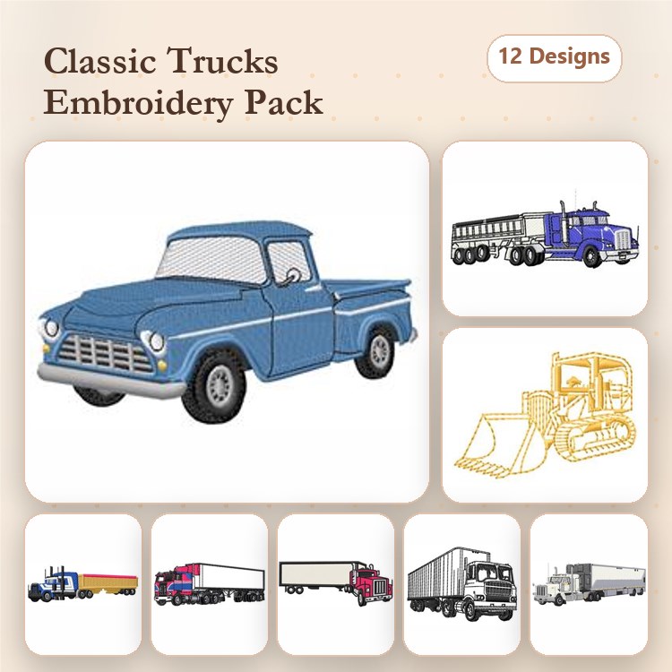 Classic Trucks Embroidery Designs Bundle – Blue Pickup Truck, Red Dump Truck, Purple Semi Truck & More (12 Designs)