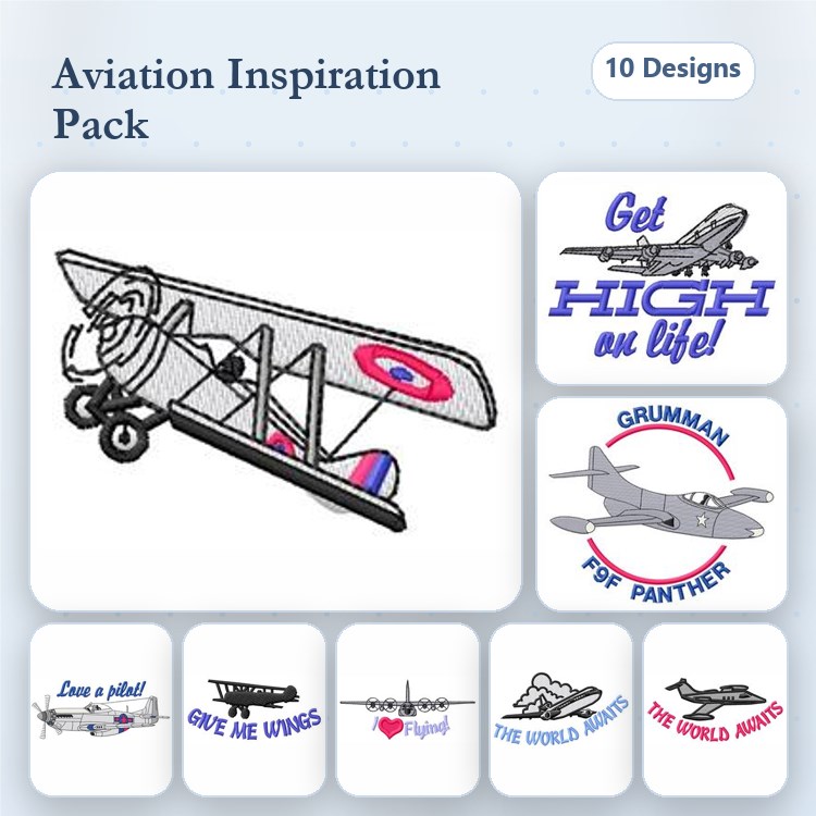 Aviation Embroidery Designs Bundle – Vintage Airplane, Grumman F4F Wildcat, Flight Inspiration & More (10 Designs)
