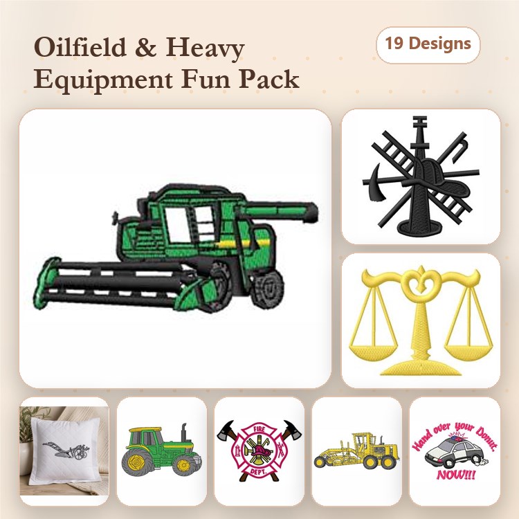 Oilfield & Heavy Equipment Embroidery Designs Bundle – Combine Harvester, Tractor, Excavator & More (19 Designs)
