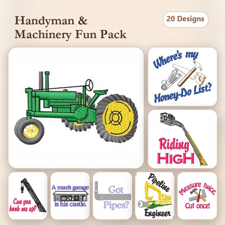 Handyman & Machinery Embroidery Designs Bundle – Green Tractor, Honey-Do List, Riding High & More (20 Designs)