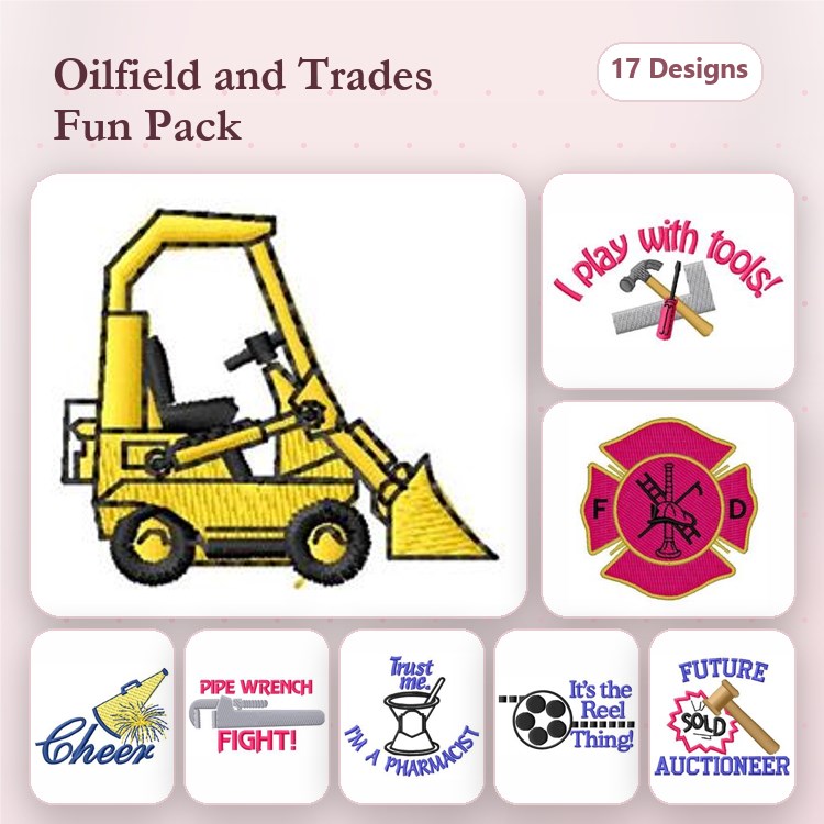 Oilfield and Trades Embroidery Designs Bundle – Excavator, Fire Department Badge, I Play with Tools & More (17 Designs)