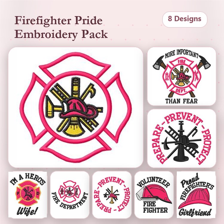 Firefighter Pride Embroidery Designs Bundle – Firefighter Emblem, Volunteer Firefighter, & More (8 Designs)