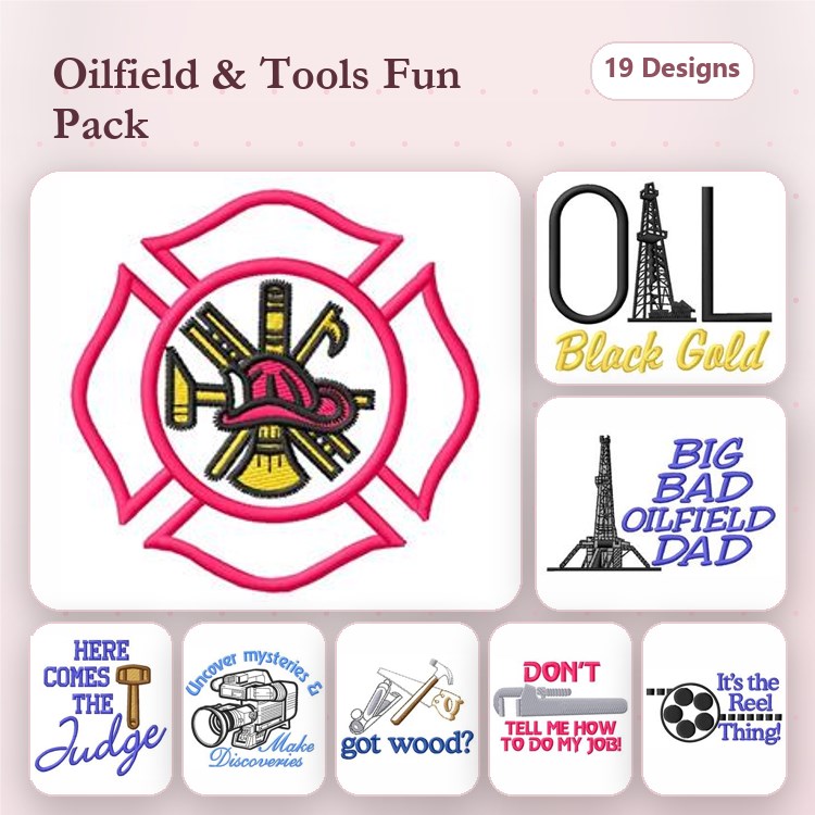 Oilfield Tools Embroidery Designs Bundle – Firefighter Badge, Oil Derrick, Got Wood? & More (19 Designs)
