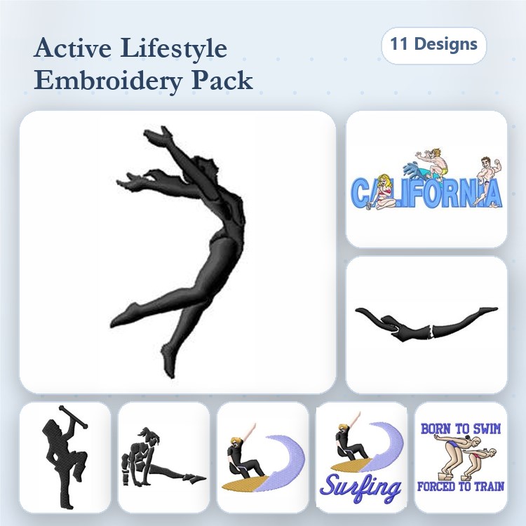 Active Lifestyle Embroidery Designs Bundle – Dancer Silhouette, Surfing Silhouette, Swimmer Silhouette & More (11 Designs)