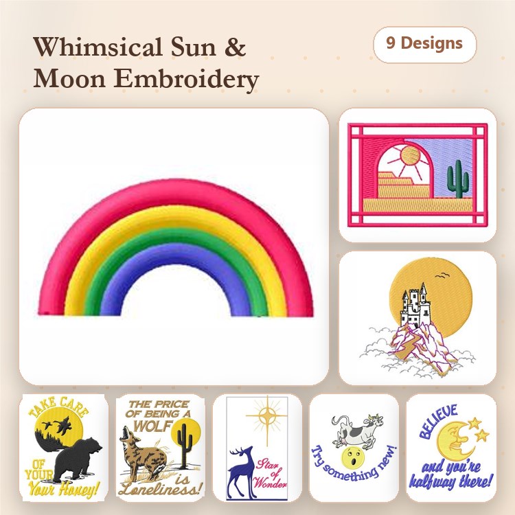 Whimsical Sun and Moon Embroidery Designs Bundle – Rainbow, Cactus Sunset, Wolf with Quote & More (9 Designs)