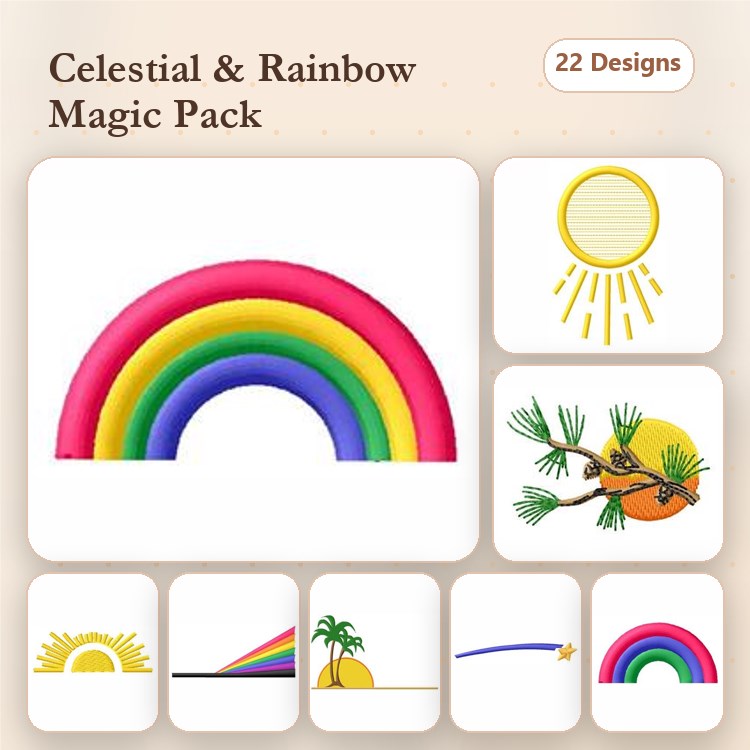 Celestial & Rainbow Embroidery Designs Bundle – Rainbow, Sun, Pine Branch with Sun & More (22 Designs)
