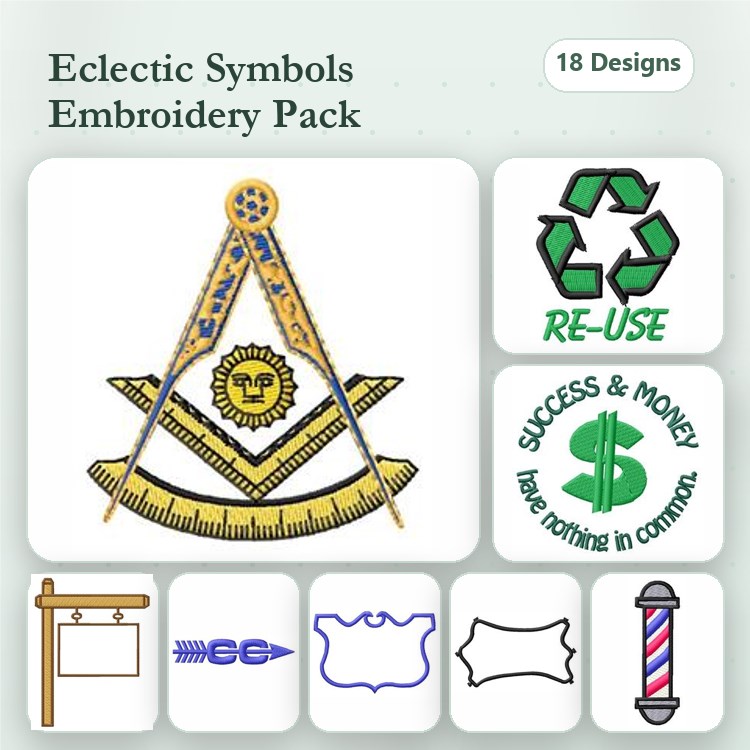 Eclectic Symbols Embroidery Designs Bundle – Masonic Compass, Re-Use Symbol, Dollar Sign & More (18 Designs)
