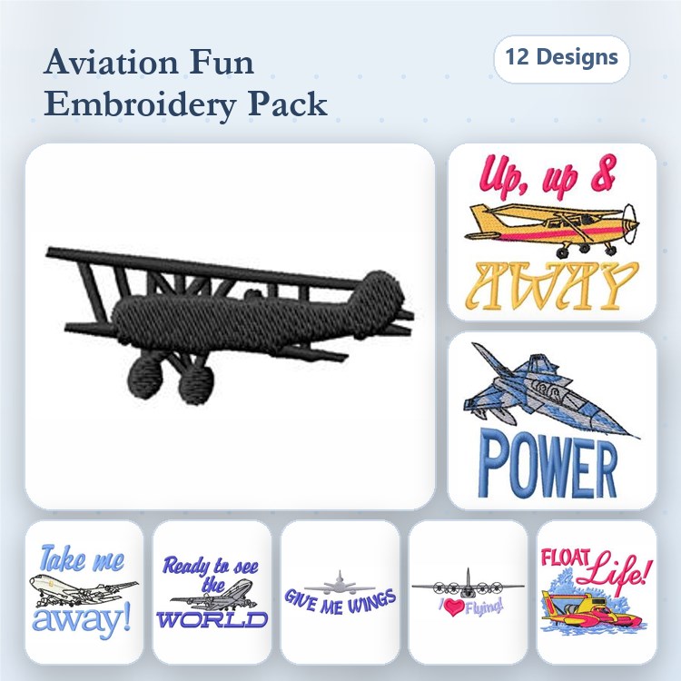 Aviation Themed Embroidery Designs Bundle – Biplane, Airplane, Up, Up & Away & More (12 Designs)