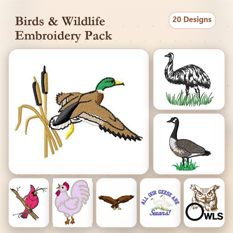 Birds and Wildlife Embroidery Bundle – Mallard Duck, Emu, Canadian Goose & More (20 Designs)
