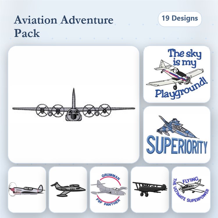 Aviation Embroidery Designs Bundle – Biplane, Jet Fighter, Cessna, Old Timer Plane & More (19 Designs)