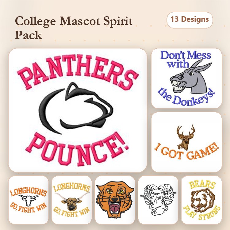 College Mascot Spirit Embroidery Designs Bundle – Panthers Pounce, Longhorns Go Fight Win, Bears Paw Print & More (13 Designs)