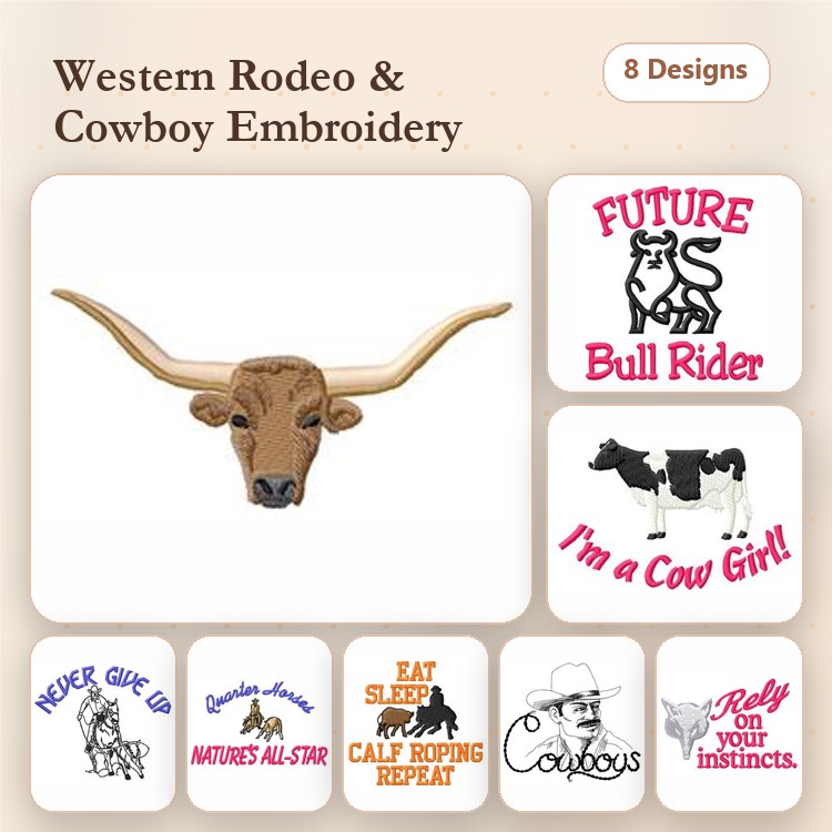 Western Rodeo Embroidery Designs Bundle – Longhorn Steer, Cowgirl, Bull Rider & More (8 Designs)