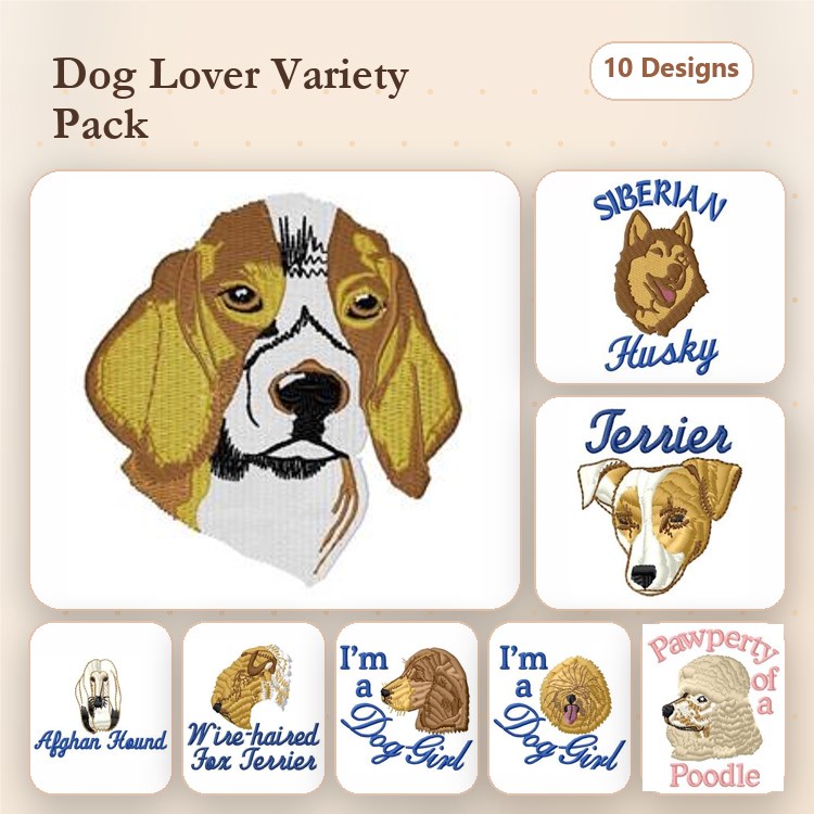 Dog Breed Embroidery Bundle – Siberian Husky, Terrier & More (10 Designs)