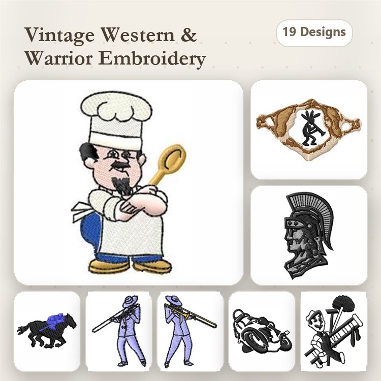 Vintage Western & Warrior Embroidery Designs Bundle – Chef with Spoon, Western Cowboy, Warrior Helmet & More (19 Designs)