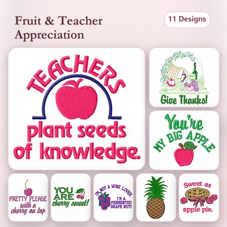 Teacher Appreciation Fruit Embroidery Designs Bundle – Apple, Pineapple, You're My Big Apple & More (11 Designs)