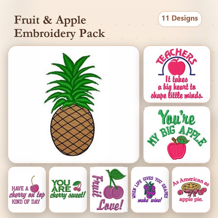 Fruit and Apple Embroidery Designs Bundle – Pineapple, You're My Big Apple, You Are Cherry Sweet & More (11 Designs)
