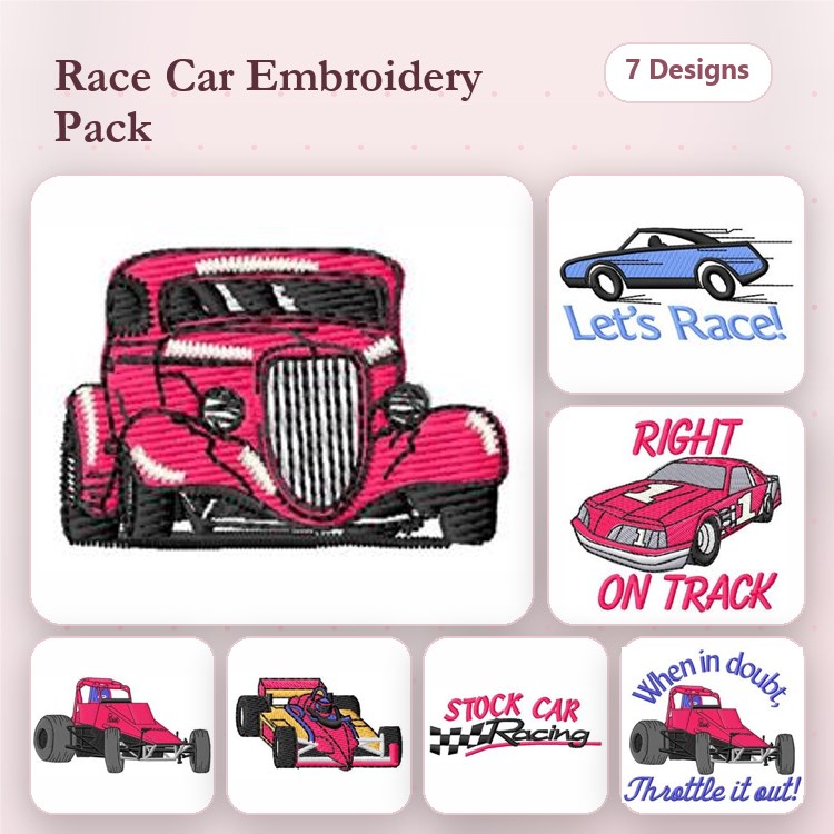 Race Cars Embroidery Bundle – Pink Race Car, Red Race Car, Blue Race Car & More (7 Designs)