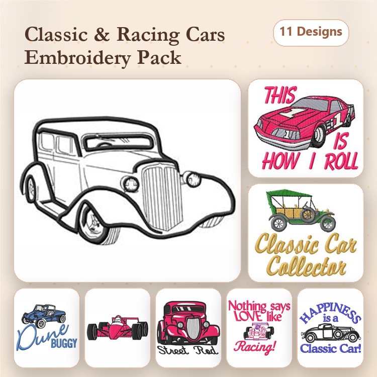 Classic and Racing Cars Embroidery Designs Bundle – Classic Car, Racing Car, Dune Buggy & More (11 Designs)