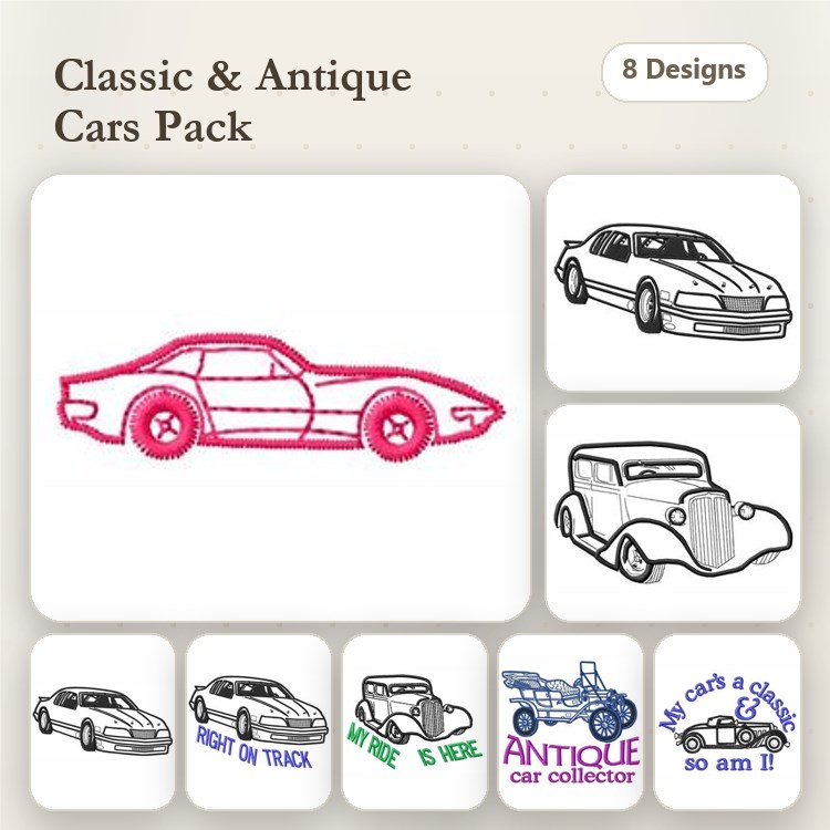 Classic and Antique Cars Embroidery Designs Bundle – Classic Car Outline, Hot Rod Truck, Convertible & More (8 Designs)