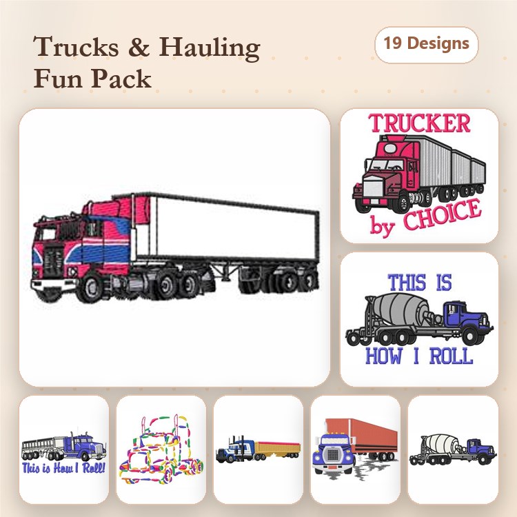 Trucks & Hauling Embroidery Designs Bundle – Big Rig Truck, Concrete Mixer Truck, Dump Truck & More (19 Designs)
