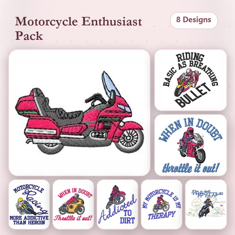 Motorcycle Enthusiast Embroidery Designs Bundle – Motorcycle with Sidecar, Riding Basic as Breathing, & More (8 Designs)