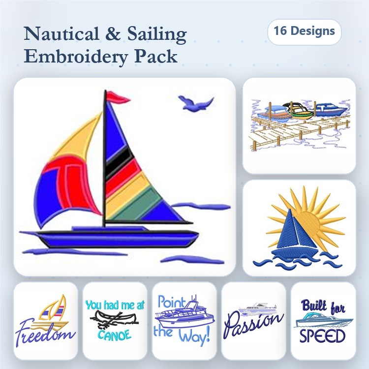 Nautical and Sailing Embroidery Designs Bundle – Sailboat with Multicolored Sail, Bird Flying Over Water, Freedom & More (16 Designs)