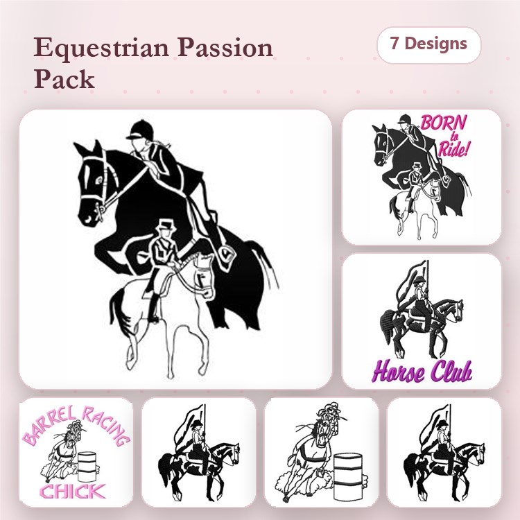 Equestrian Embroidery Bundle – Horse Rider, Barrel Racing Chick, Equestrian Jumping & More (7 Designs)