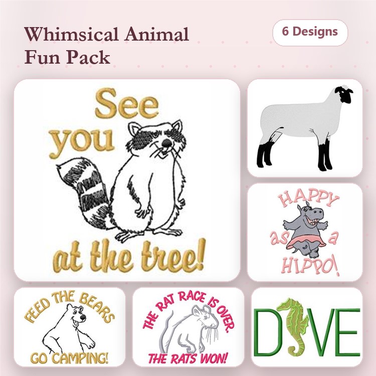 Whimsical Animal Embroidery Bundle – Raccoon, Happy Hippo, Feed the Bears Go Camping & More (6 Designs)