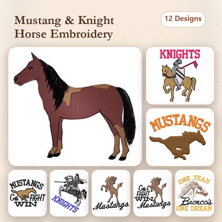 Mustang & Knight Horse Embroidery Designs Bundle – Mustang Horse, Knight with Horse, Mustangs Running & More (12 Designs)