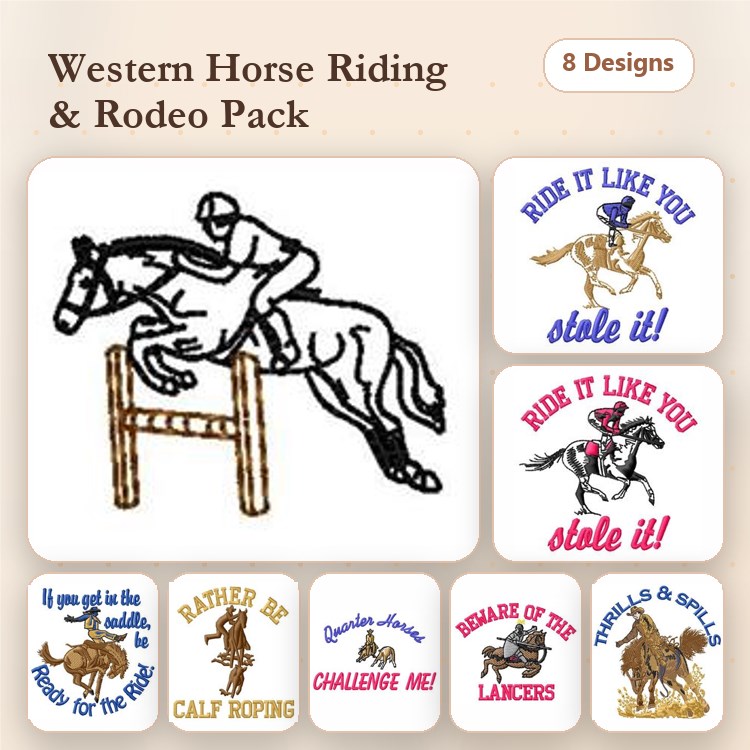 Western Rodeo Embroidery Bundle – Jumping Horse, Calf Roping, Cowboy Sayings & More (8 Designs)