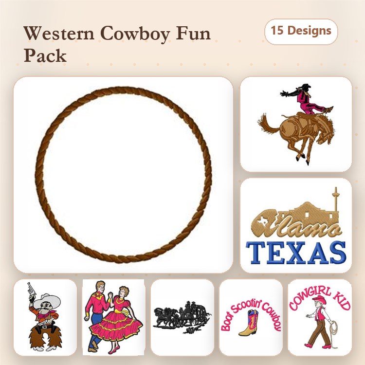 Western Cowboy Embroidery Designs Bundle – Cowgirl on Horse, Texas State Sign, Rope Circle & More (15 Designs)