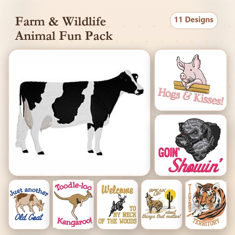 Farm Animal Embroidery Designs Bundle – Black and White Cow, Showin' Off Pig, Toodle-oo Kangaroo & More (11 Designs)