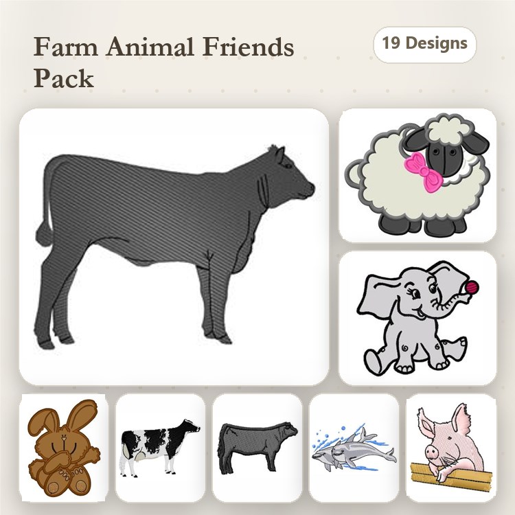 Farm Animal Embroidery Bundle – Cow, Sheep with Bow, Elephant & More (19 Designs)