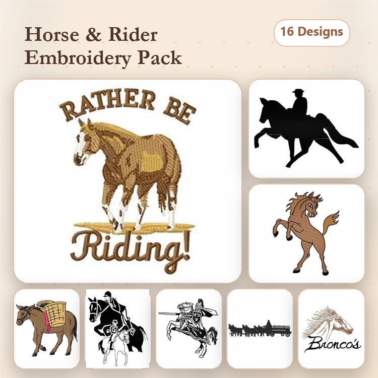 Horse and Rider Embroidery Designs Bundle – Galloping Horse, Rider on Horse, Bronco & More (16 Designs)
