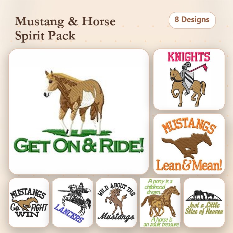 Mustang & Horse Spirit Embroidery Bundle – Get On & Ride, Mustangs Lean & Mean, Wild About the Mustangs & More (8 Designs)