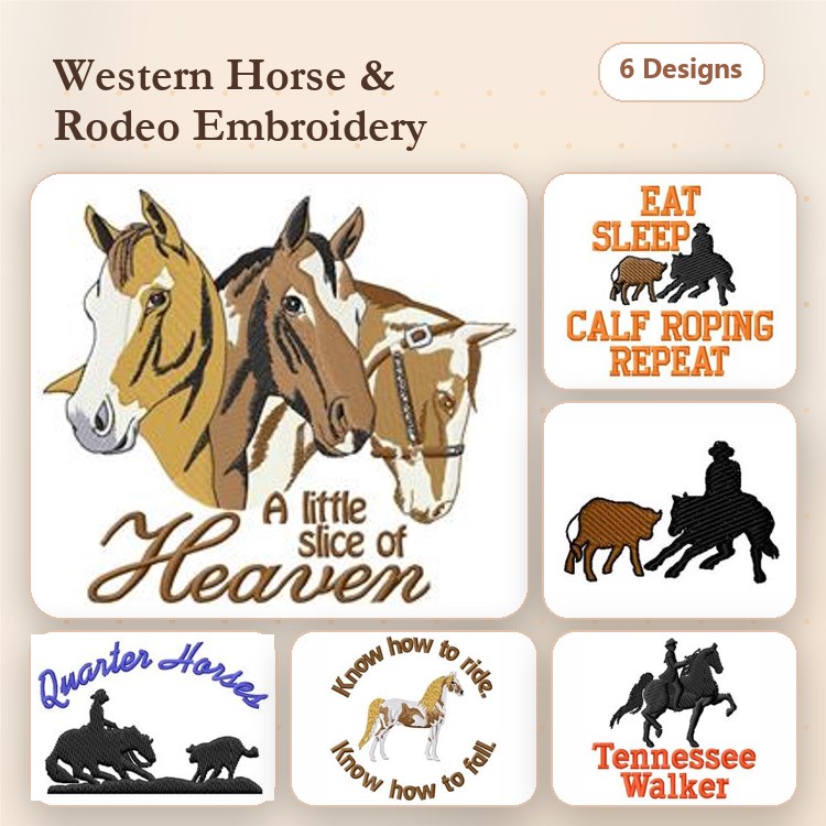 Western Horses and Rodeo Embroidery Designs Bundle – Three Horses, Quarter Horses, Tennessee Walker & More (6 Designs)
