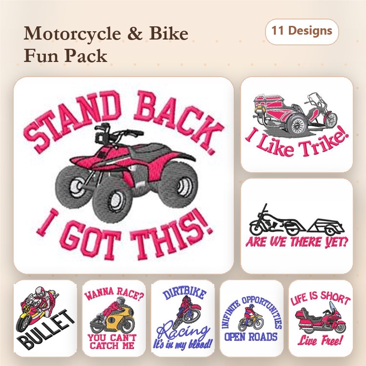 Motorcycle & Bike Themed Embroidery Designs Bundle – ATV Stand Back, I Like Trike, Wanna Race? & More (11 Designs)