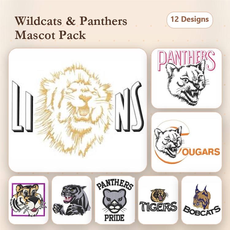 Wildcats and Panthers Mascots Embroidery Designs Bundle – Lion, Cougar, Panther, Tiger & More (12 Designs)