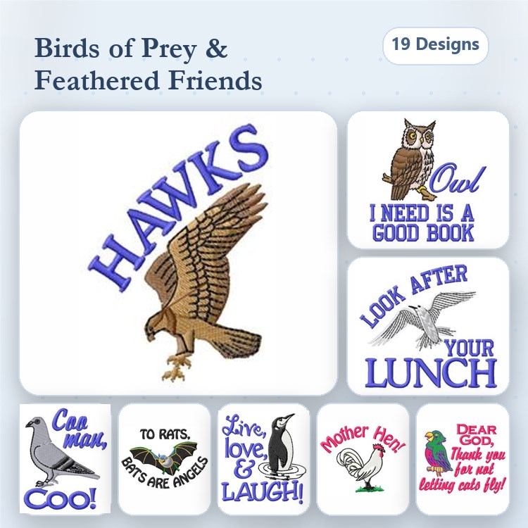 Birds of Prey & Feathered Friends Embroidery Designs Bundle – Hawk, Owl with Book, Mother Hen & More (19 Designs)