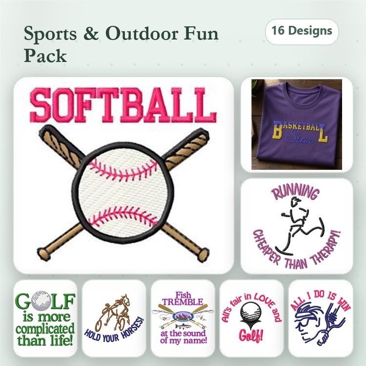 Sports & Outdoor Activities Embroidery Designs Bundle – Softball, Baseball, Running, Golf Sayings & More (16 Designs)