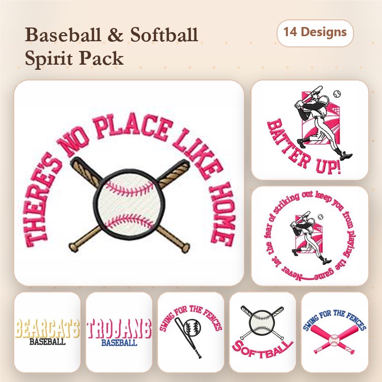 Baseball & Softball Spirit Embroidery Designs Bundle – Baseball with Bats, Batter Up!, Bearcats Baseball & More (14 Designs)