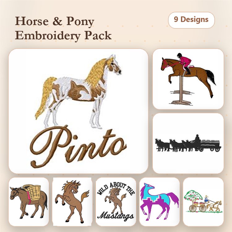 Horse and Pony Embroidery Designs Bundle – Pinto Horse, Horse Riding, Horse Jumping & More (9 Designs)