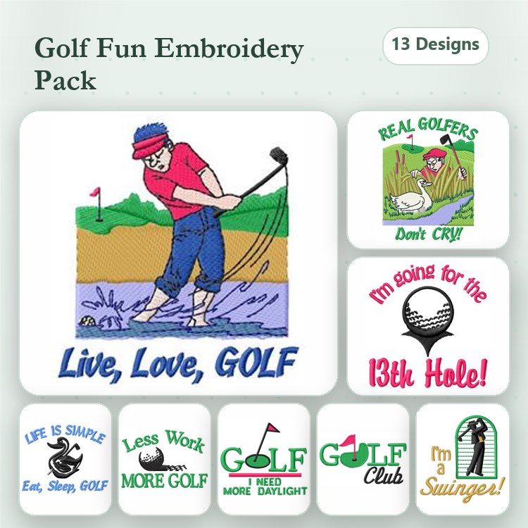 Golf Themed Embroidery Designs Bundle – Golfer Swinging, Live, Love, GOLF, & More (13 Designs)