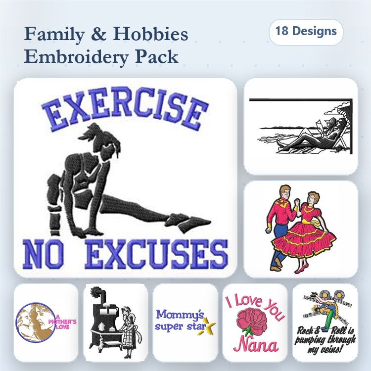 Hobbies and Fitness Embroidery Designs Bundle – Exercise No Excuses, Dancer Silhouette, Mommy's Super Star & More (18 Designs)