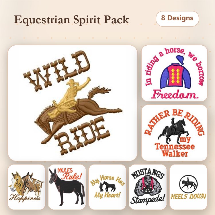 Equestrian Themes Embroidery Designs Bundle – Wild Ride, Heels Down, Mustangs are Stampeded! & More (8 Designs)
