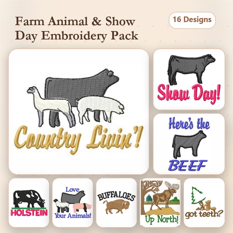Farm Animal Embroidery Bundle – Holstein Cow, Buffaloes, Show Day & More (16 Designs)