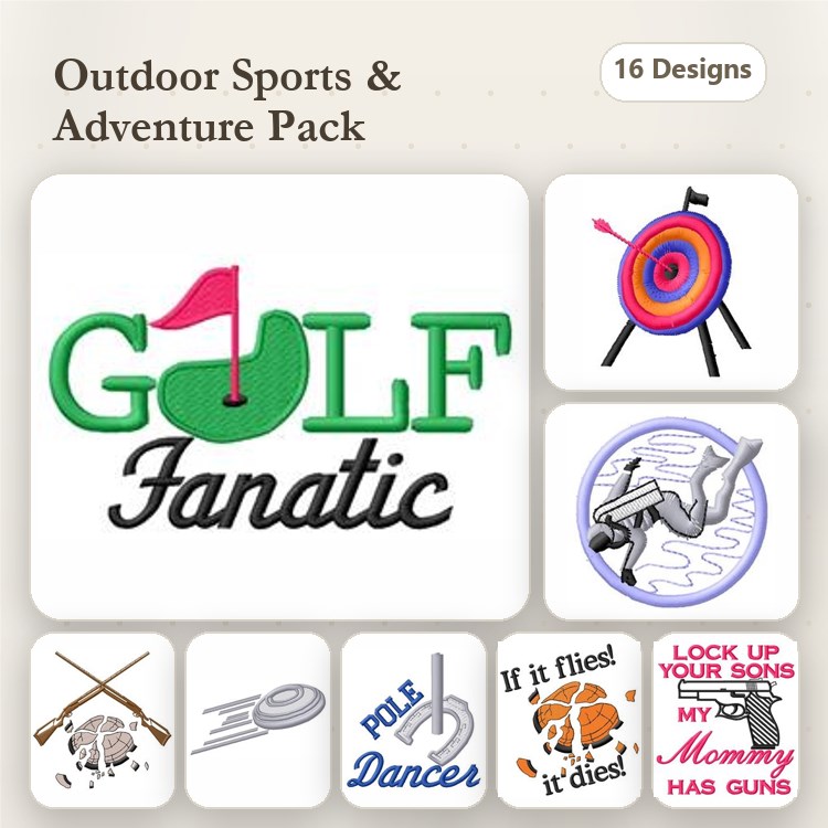 Outdoor Sports and Adventure Embroidery Designs Bundle – Golf Fanatic, Archery Target, Fishing Rod & More (16 Designs)