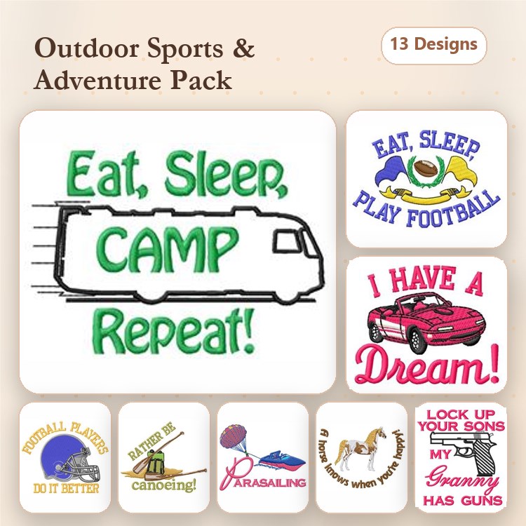 Outdoor Sports and Adventure Embroidery Designs Bundle – Eat, Sleep, Camp, Repeat!, Football Players Do It Better, & More (13 Designs)